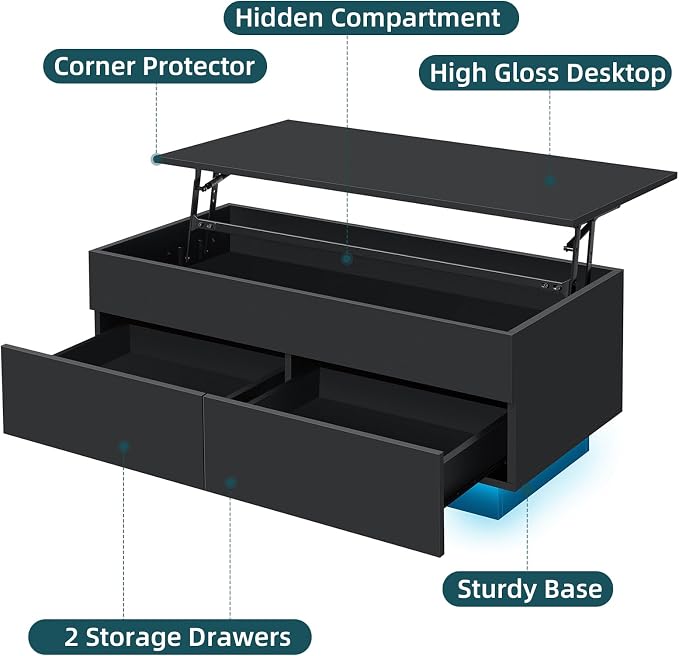 HOMMPA LED Coffee Table with Lift Top Morden Coffee Table with Storage High Gloss Black Sofa Table for Living Room Center Tables Hidden Compartment & 2 Drawers