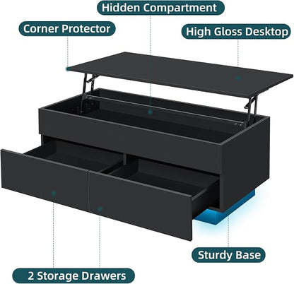 HOMMPA LED Coffee Table with Lift Top Morden Coffee Table with Storage High Gloss Black Sofa Table for Living Room Center Tables Hidden Compartment & 2 Drawers