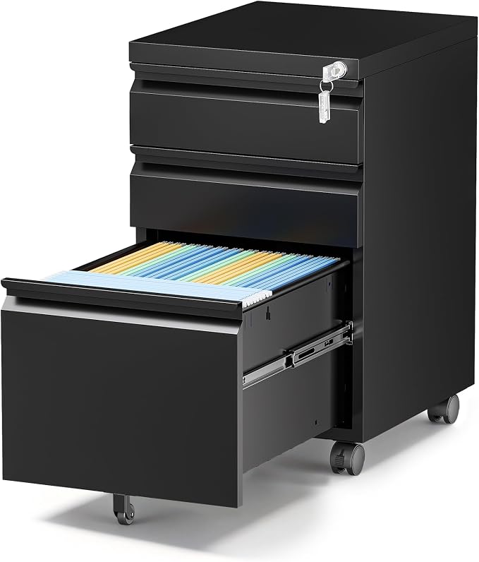 Mobile File Cabinet with Lock, 3 Drawer File Cabinet for Home Office, Rolling File Cabinet, Under Desk Locking Filing Cabinet on Wheels for Legal/Letter/A4 File, Fully Assembled, Black