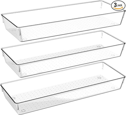 Kutesna 3 Pcs Large Clear Drawer Organizer Set, 15" X 6" Desk Drawer Organizers Trays with Non-Slip Silicone Pads, Storage Bins for Makeup, Office, Kitchen Gadgets Utensils, Bedroom, Tools, Bathroom