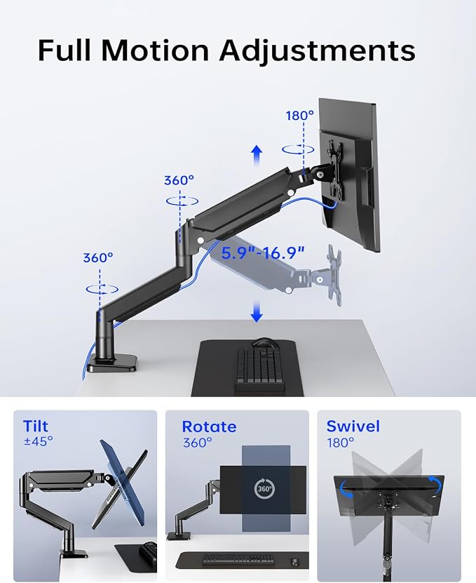 Single Monitor Stand for 13 to 32 inch Screens, Gas Spring Monitor Arm with Swivel, Tilt, Rotation, Height Adjustable, Desk Mount with C-Clamp and Grommet Base, Holds 4.4 to 19.8lbs Screen, Black