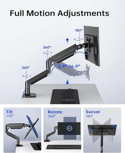 Single Monitor Stand for 13 to 32 inch Screens, Gas Spring Monitor Arm with Swivel, Tilt, Rotation, Height Adjustable, Desk Mount with C-Clamp and Grommet Base, Holds 4.4 to 19.8lbs Screen, Black
