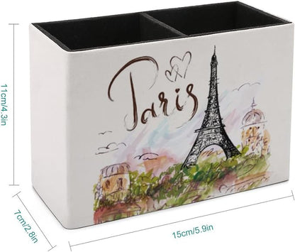 Niapessel Pencil Holder for Desk, Paris Eiffel Tower Pen Holder Storage Desktop Pen Organizer Desk Pencil Organizer Makeup Brush Holder for Office School College Leather
