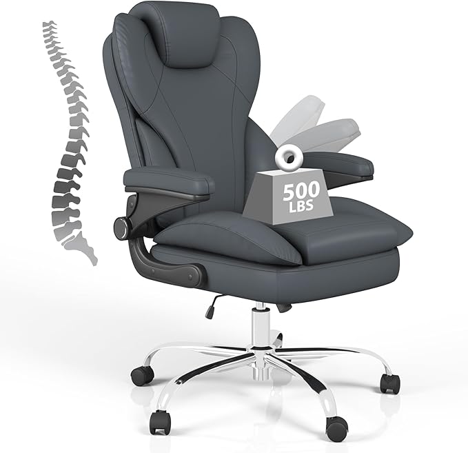 Office Chair, Home Desk Chair, Ergonomic Computer Chair with Lumbar Support, Executive Leather Chair with Flip-Up Armrests, Big and Tall Swivel Rolling Chair, Grey