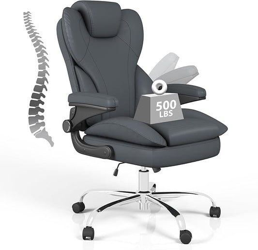 Office Chair, Home Desk Chair, Ergonomic Computer Chair with Lumbar Support, Executive Leather Chair with Flip-Up Armrests, Big and Tall Swivel Rolling Chair, Grey
