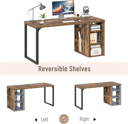 EXCEFUR Computer Desk for Home Office, Modern Writing Desk with Reversible Storage Shelves, Wood and Metal Gaming Study Table Workstations, 53 Inch, Rustic Brown