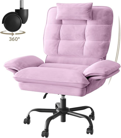 Bestier Criss Cross Chair with Flip-Up Armrests and Headrest, 135° Reclining Swivel Executive Chair with Side Pockets, Big and Tall Computer Desk Chair for Home Office Bedroom, Pink Velvet