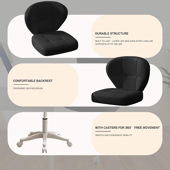 Small Office Chair with Lumbar Support, PU Leather Armless Swivel Desk Chair Adjustable Height, Compact Rolling Chair for Home Office, Bedroom, Study (Black)