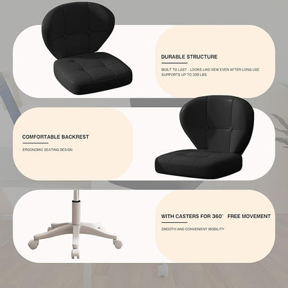 Small Office Chair with Lumbar Support, PU Leather Armless Swivel Desk Chair Adjustable Height, Compact Rolling Chair for Home Office, Bedroom, Study (Black)