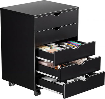 Mobile File Cabinet Under Desk, 5 Drawer Storage Organization with Wheels, Vertical Filing Chest Rolling Wood Small Desk Printer Stand for Home Office, 15.75" D x 18.74" W x 25.39" H