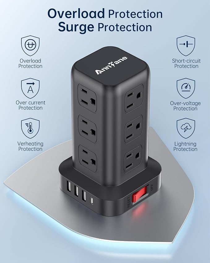 AnnTane Surge Protector Power Strip 10 FT Cord, Power Strip Tower with 4 USB Ports (1USB C), Extension Cord with 12 AC Multiple Outlets, Home Office Supplies Desk Accessories, Dorm Room Essentials