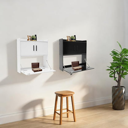 Wall Mounted Desk Cabinet with Storage, Fold Down Computer Desk, Space Saving Floating Workstation for Home Office, Laptop Writing Table (Black)
