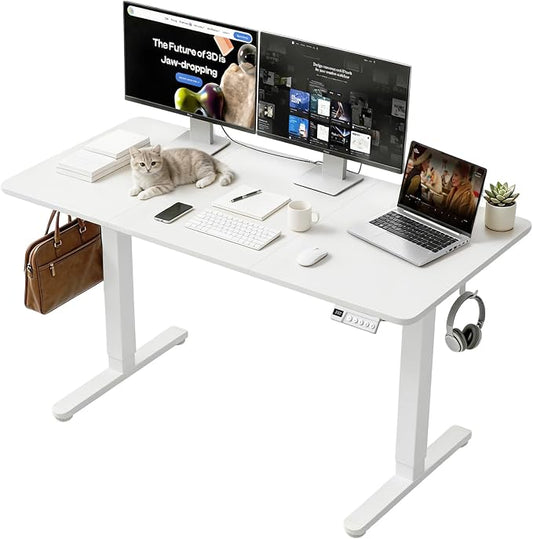 Electric Height Adjustable Desk, 55x24 Inches Standing Desk with 3 Memory Presets & Child Lock, Quiet Motor, Industrial Steel Frame, for Content Creator Desk, White
