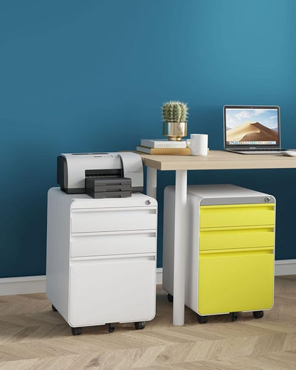 Dripex 3 Drawer Yellow File Cabinet, Mobile Under Desk Storage File Cabinet with Lock on Wheels, Letter/Legal Size, Fully Assembled, Small Short Vertical Metal Rolling Filing Cabinets for Home Office