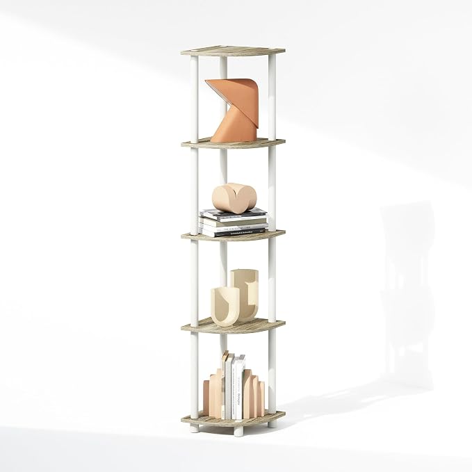 Furinno Turn-N-Tube Storage Shelves, 5-Tier Book Shelf, Corner Shelf, Toolless Open Shelves, for Organization and Storage, Living Room, Home Office, Hallway, Bedroom, Sonoma Oak
