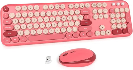 MOFII Wireless Keyboard and Mouse Combo, Full-Size Retro Typewriter-Style Wireless Keyboard with Optical Mouse for Computer/Laptop/Windows/Mac (Rose Red)