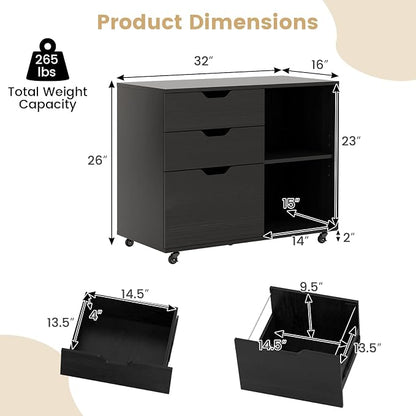 3 Drawer File Cabinet, Wood Lateral Filing Cabinet for Hanging Letter, A4, Legal Size, Rolling Printer Stand with Adjustable Shelf, Under Desk Storage for Home Office (Black)