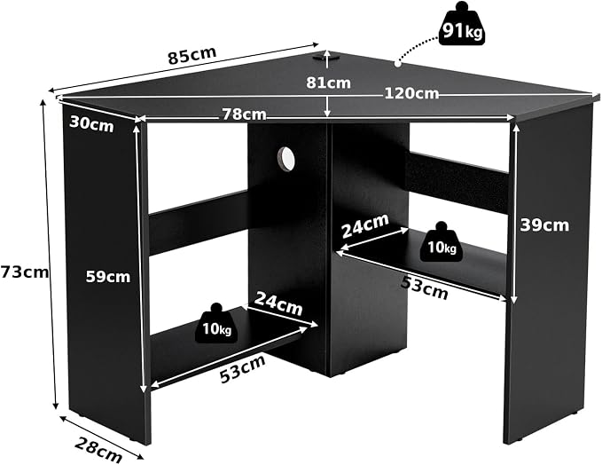 Corner Computer Desk with Shelves, 90° Triangle Wooden Study Writing Table Cable Management Holes, Space Saving Compact Study Workstation for Bedroom Living Room Office (Black)