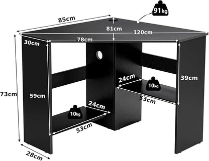 Corner Computer Desk with Shelves, 90° Triangle Wooden Study Writing Table Cable Management Holes, Space Saving Compact Study Workstation for Bedroom Living Room Office (Black)