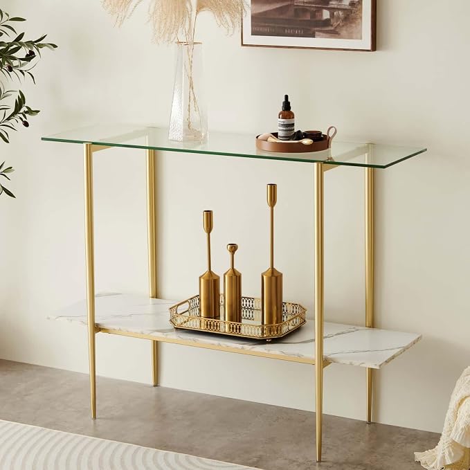 LumFurn Glass Console Table for Living Room, Foyer & Entrance, 2-Tiers Mid-Century Modern Sofa Table with Clear Glass Top, White Marble Finish Wood Shelf and Gold Finish Frame