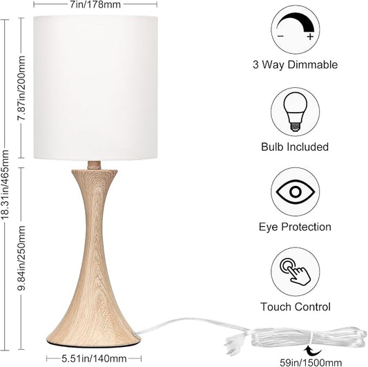 Bedside Touch Lamp, 3 Way Dimmable Touch Control Table Lamp, Wood Grain Farmhouse Table Lamp, Modern Nightstand Lamp with White Shade for Bedroom, Dorm, Office, 3000K LED Bulb Included