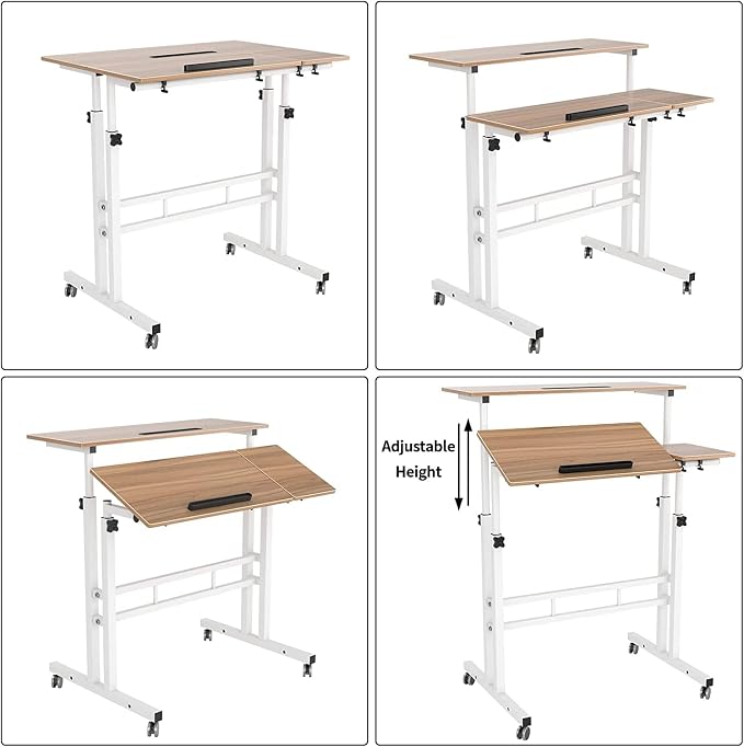 soges 31.5inches Height Adjustable Desk Laptop Desk on The Wheels, Rolling Stand Up Desk Computer Desk Adjustable Standing Desk Sit and Stand Desk Portable Laptop Table, Oak