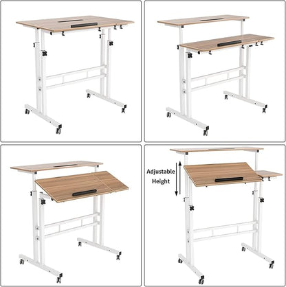 soges 31.5inches Height Adjustable Desk Laptop Desk on The Wheels, Rolling Stand Up Desk Computer Desk Adjustable Standing Desk Sit and Stand Desk Portable Laptop Table, Oak