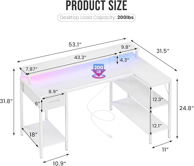 DUMOS 53" Gaming Desk with USB Charging Ports & LED Lights, Reversible L-Shaped Corner Computer Table for Small Spaces, Power Outlets, Monitor Stand & Storage Shelves Included, White