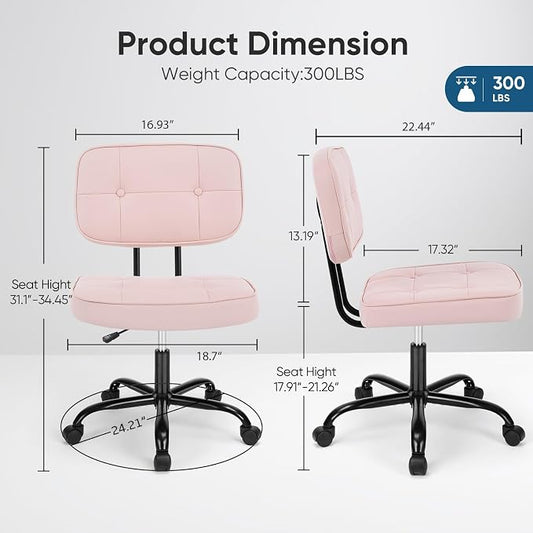 DUMOS Home Office Desk Chair - Ergonomic Armless PU Leather Computer Rolling Task Chair，with Comfy Lumbar Support and Height Adjustable, Vanity, Bedroom, Living Room, Pink