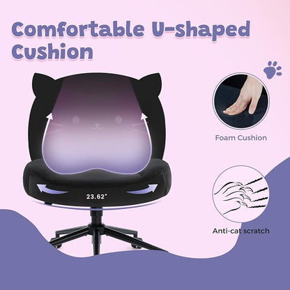 IWMH Armless Office Desk Chair with Wheels,Ergonomic Criss Cross Legged Computer Chair with Fabric Padded, Height Adjustable Wide Seat Vanity Chairs,Mid Back Task Chair for Home, Bedroom (Black)