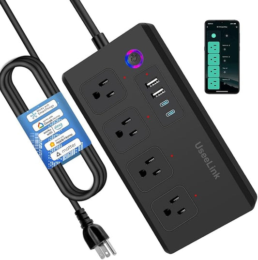 Matter Smart Power Sstrip, Compatible with Apple Home, Alexa, and Google Assistant, Supports Voice Control and Remote Access, Suitable for Home or Office,Black