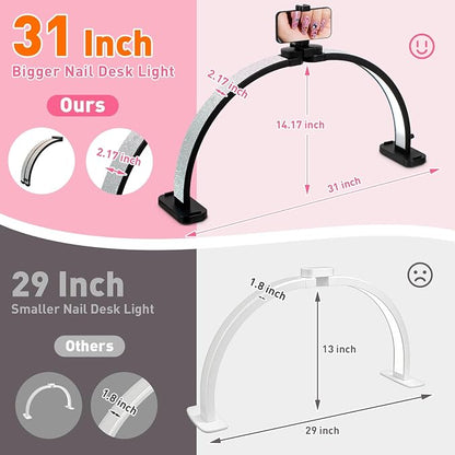 HITTI 31in Large Half Moon Light for Nail Desk, Foldable, Phone Stand, LED Adjustable Brightness and Color, 48W, Arch Nail Tech Table Lamp for Manicure, Craft, Art, Jewelry Making (Crystal Diamond)