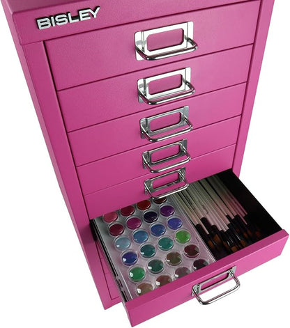 Bisley 10-Drawer Steel MultiDrawer Cabinet - Fuchsia | Chrome Pull Handles with Label Holders, Powder-Coated Steel, Removable Drawers, Fits Under Most Desks, Labels Included