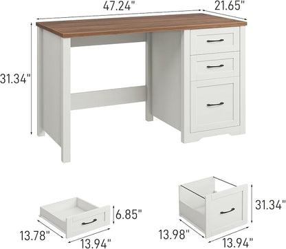Vabches Farmhouse 47” Executive Desk with File Drawer, Mutual Installation Rustic Computer Desk with 2 Storage Drawers,Office Home Workstation for Study Work Writing, Unique White