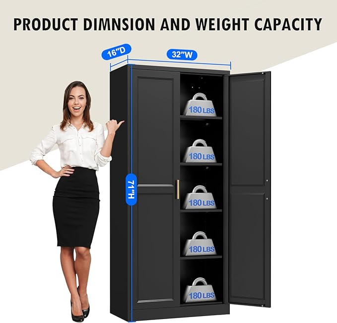 Polup Pantry Cabinet, 71 Inch Tall Kitchen Storage Cabinet, Metal Pantry Cabinet with Doors and Adjustable Shelves, Freestanding Heavy Duty Steel Utility Cupboard for Garage, Laundry, Black