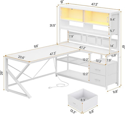 SEDETA L Shaped Gaming Desk, Home Office Computer Desk with 2 Drawer and Bookshelf, L Shaped Gaming Corner Desk with LED Light, Glass Cabinet,Storage Bag and Storage Shelves, White