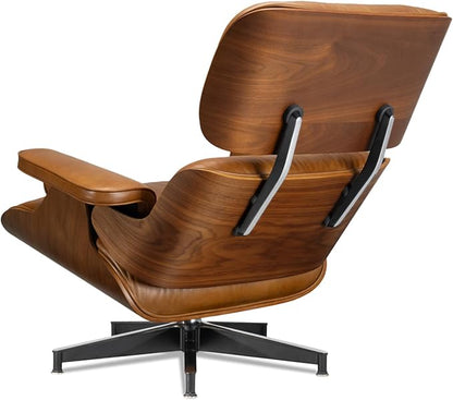Mid Century Chaise Lounge Chair with Ottoman, Luxury Oil-Waxed Leather Reading Chair, Modern Chair Classic Design, Heavy Duty Base Support for Living Room Study Lounge Office Walnut Light Brown