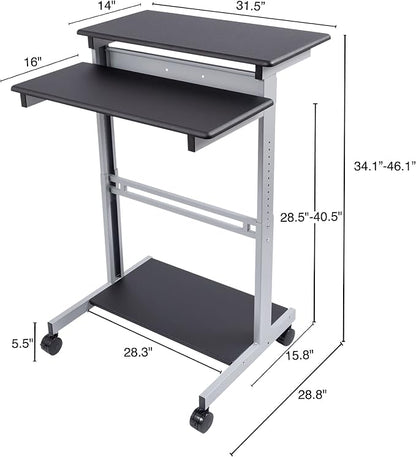 S STAND UP DESK STORE Rolling Adjustable Height Two Tier Standing Desk Computer Workstation (Silver Frame/Black Top, 32 Wide)