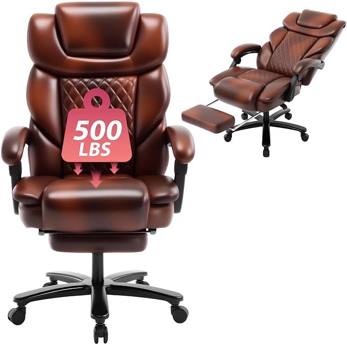 500lbs Reclining Office Desk Chair with Footrest, Managerial Executive Chair Lounge Chair for Office, Plus Size Brown Leather Recliner Office Chairs