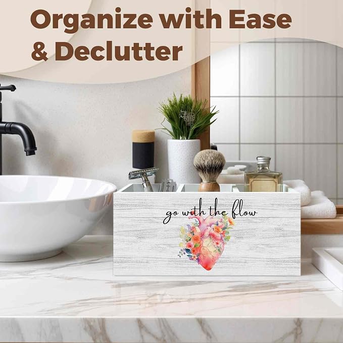 Nurse Office Pencil Pen Holder for Desk Organizer, Nurse Appreciation Gifts, Nursing Week Gifts, Go with the Flow Flower Heart Wooden Box Decorations for Office Desk Tabletop Decor