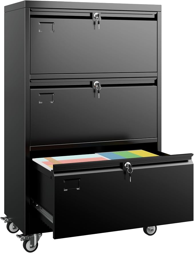 METAN 3 Drawer Lateral File Cabinet on Wheels with Locks, Heavy Duty Metal Rolling Filing Cabinet for Home Office, for Letter, Legal Size Folders, Black, Assembly Required,16" D x 29" W x 47.5" H