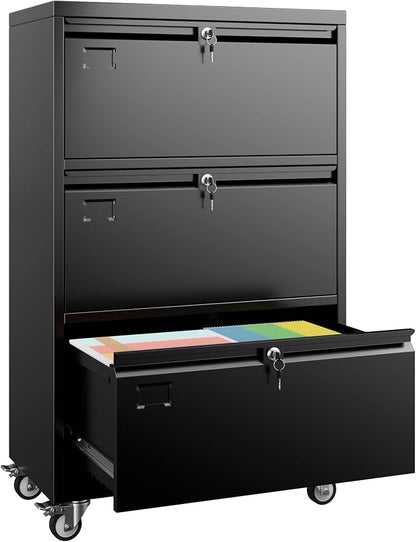 METAN 3 Drawer Lateral File Cabinet on Wheels with Locks, Heavy Duty Metal Rolling Filing Cabinet for Home Office, for Letter, Legal Size Folders, Black, Assembly Required,16" D x 29" W x 47.5" H