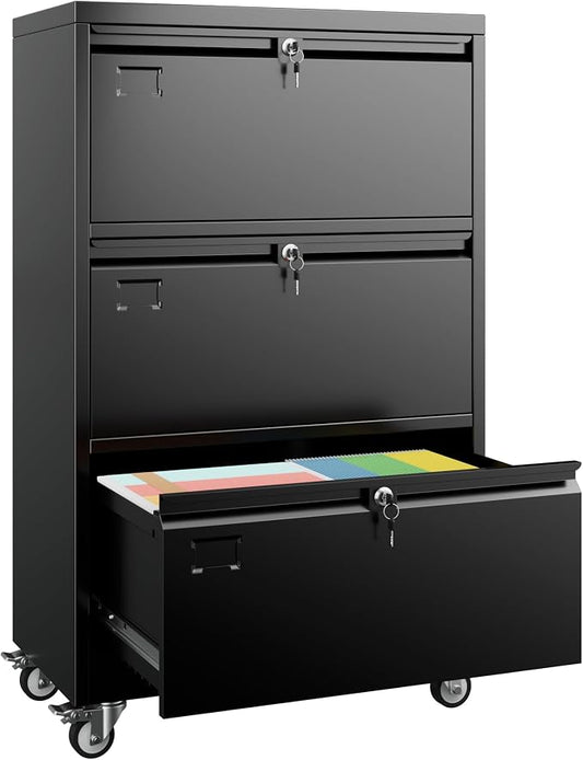 METAN 3 Drawer Lateral File Cabinet on Wheels with Locks, Heavy Duty Metal Rolling Filing Cabinet for Home Office, for Letter, Legal Size Folders, Black, Assembly Required,16" D x 29" W x 47.5" H