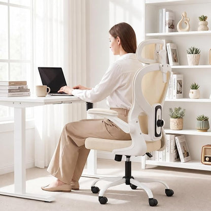 Ergonomic Office Chair with Adjustable Headrest & Lumbar Support, High Back Mesh Desk Chair, 330 LBS Capacity Swivel Computer Chair with Flip-Up Arms, Home Office Gaming Chair (Beige)