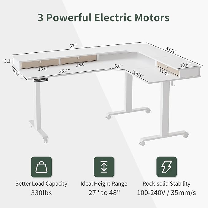 FEZIBO Triple Motor 63" L Shaped Standing Desk with 3 Drawers, Electric Standing Gaming Desk Adjustable Height, Corner Stand up Desk with Splice Board, White Frame/White Top