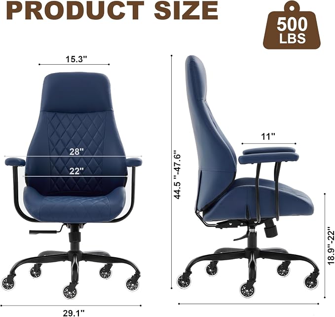 Office Chair with Rubber Wheels, Ergonomic Computer Chair 500 lbs, Leather Desk Chair with Lumbar Support, Executive Chair Adjustable Height & Recline, Blue | Ergonomic, Lumbar Support, 360° Swivel & Rolling Wheels, Adjustable Height, for Adults & Women