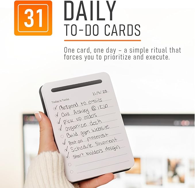 Unstoppable Tasks – 31 Blank Daily To-Do Cards with Aluminum Desk Card Holder, Minimalist Office Productivity To-Do Cards, Modern Desk Gift for Teams, Managers & Students (Black)