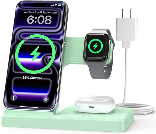 Wireless Charger Stand Charging Station: 3 in 1 Charger Multiple Devices for Apple iPhone 17 16e 16 15 14 Pro Max 13 12 11 for Watch 11 10 9 8 7 6 5 4 3 2 SE and Ultra & Airpods Series, Light Green
