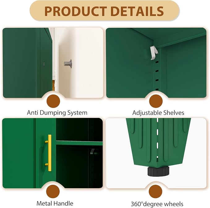 36" Metal Storage Cabinet with Lock,Steel Locker Organizer, Office File Cabinet with 2 Doors and 2 Adjustable Shelves,Outdoor Tool Garage Cabinets for Home Office,Gym,School,Warehouse(Green)