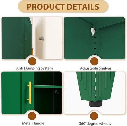 36" Metal Storage Cabinet with Lock,Steel Locker Organizer, Office File Cabinet with 2 Doors and 2 Adjustable Shelves,Outdoor Tool Garage Cabinets for Home Office,Gym,School,Warehouse(Green)